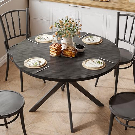 ChooChoo 47.2 Inch Round Dining Table for 4, Farmhouse Wood Kitchen Table, Circle Dinner Table for Kitchen & Dining Room, Black ChooChoo
