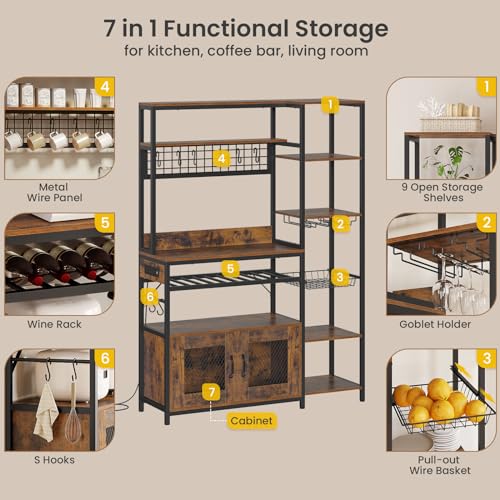 UPOSOJA Rustic Brown Bakers Rack with Power Outlet and Multifunctional Storage Solutions UPOSOJA