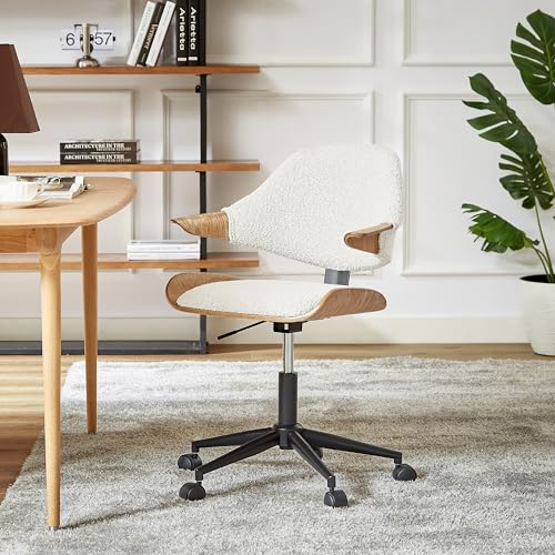 Art Leon Swivel Desk Chair, Mid Century Modern Office Chair with Wheels, Boucle Fabric Upholstered Arm Chair, Adjustable Height Task Chair with Metal Base, Washed Oak Bentwood, White Art Leon