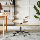 Art Leon Swivel Desk Chair, Mid Century Modern Office Chair with Wheels, Boucle Fabric Upholstered Arm Chair, Adjustable Height Task Chair with Metal Base, Washed Oak Bentwood, White Art Leon