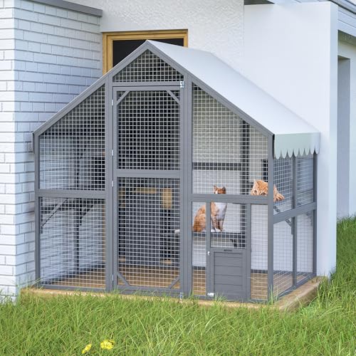 YOPTO 28ft² Large Outdoor Cat House, Luxury Wooden Walk-in Catio Enclosure with 2 Doors & 2 Hiding Houses, Escape-Proof Locks + Waterproof Roof - Customizable Multi-Cat Playpen (Gray) YOPTO