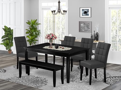 East West Furniture DUAS6-BLK-12 6 Piece Dinner Table Set Contain A Kitchen Table and a Dining Bench 4 Dark Gray Polyester Fabric Person Chairs with Stylish Back- Black Finish East West Furniture