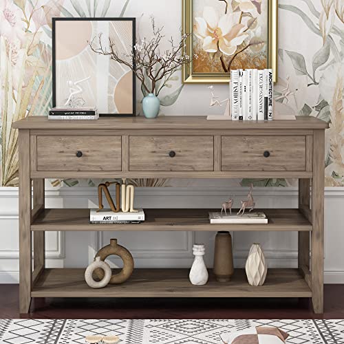 Karl home Console Table Entryway Desk, Sofa Side Table with 3 Drawers 2 Bottom Storage Shelves, Vintage TV Stand for Hallway Living Room Office, Wash Grey 29.9" H Karl home