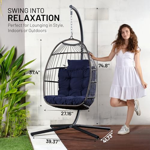 SereneLife Egg Chair with Stand – Hanging Rattan Wicker Swing for Indoor Outdoor Use – 350 lbs Capacity, Breathable Cushion & Headrest – Patio, Balcony, Porch, Bedroom Lounge Furniture SereneLife