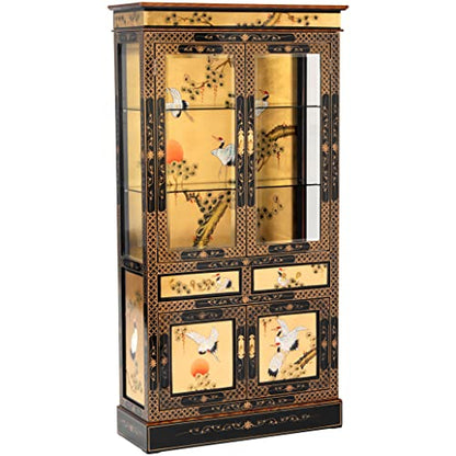 Red Lantern Artisan Crafted Lacquer Curio Cabinet - Gold Leaf with Hand Painted Cranes, Two Door