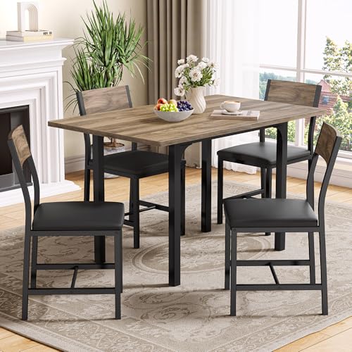 IRONCK 5-Piece Dining Table Set for 4, Extendable Kitchen Table Chairs Set of 4, Dining Room Table with 4 Upholstered Chairs, Folding for Small Space, Apartment, Walnut IRONCK