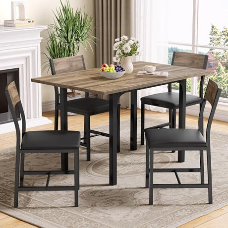 IRONCK 5-Piece Dining Table Set for 4, Extendable Kitchen Table Chairs Set of 4, Dining Room Table with 4 Upholstered Chairs, Folding for Small Space, Apartment, Walnut IRONCK