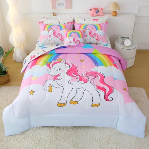 JQinHome Unicorn Full Bedding Sets for Girls Kids,8 Piece Bed in A Bag 3D Pink Sky Rainbow Clouds Theme Unicorn Comforter Set with Sheet Set(Pink Purple) JQinHome