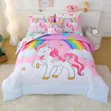 JQinHome Unicorn Full Bedding Sets for Girls Kids,8 Piece Bed in A Bag 3D Pink Sky Rainbow Clouds Theme Unicorn Comforter Set with Sheet Set(Pink Purple) JQinHome