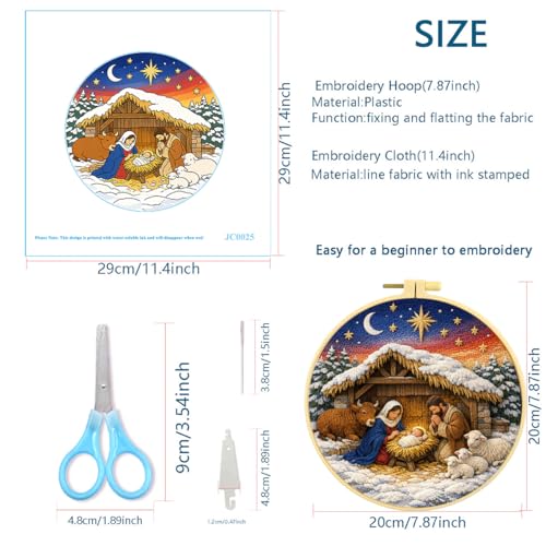 Zhenqing Nativity Embroidery Kit for Beginners, Pre-Printed 29x29cm Circular Cotton Fabric with 20cm Hoop, Christmas Nativity Scene Design for Holiday Decor (JC0025