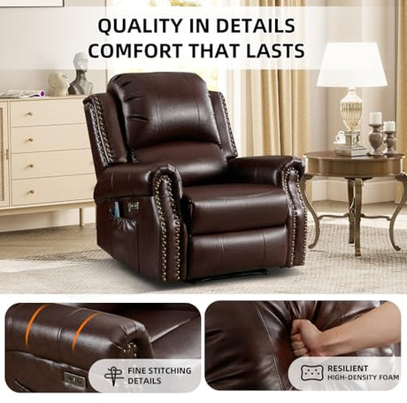 EBELLO Power Recliner Chair with Massage and Heat, Faux Leather Electric Massage Reclining Chair for Adults with Overstuffed Backrest and Side Pocket, Single Sofa for Living Room, Red Brown EBELLO
