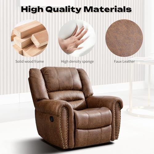 CANMOV Rocker Recliner Chair, Leather Recliner Chair with Overstuffed Backrest and Armrests, Manual Single Sofa for Living Room,Bedroom, Nut Brown
