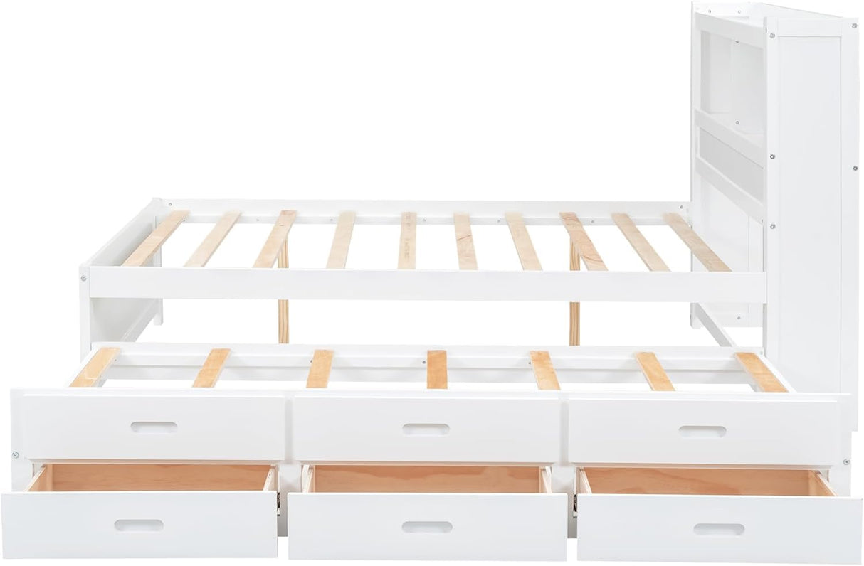 Harper & Bright Designs Full Size Bed with Bookcase Headboard, Wooden Full Size Platform Bed with Trundle and Storage Drawers,Full Storage Bed with USB Ports Outlets for Kids Girls Boys, White Harper & Bright Designs