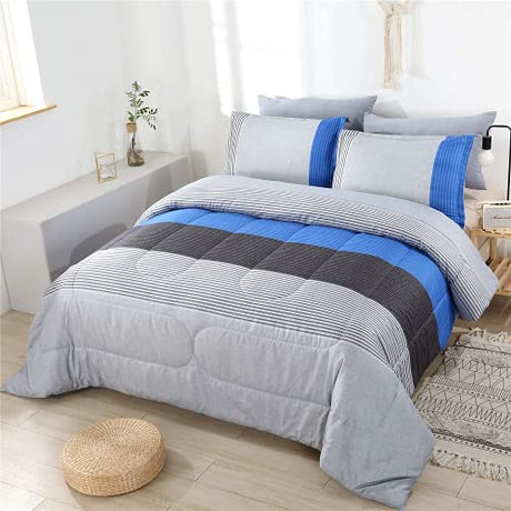 PERFEMET Twin Comforter Set 3 Pieces Bedding Set All Seasons Masculine Striped Pattern Vintage Farmhouse Soft Cozy Bedroom for Elegant Men Teen Girls Boys Gray and Blue PERFEMET