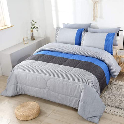 PERFEMET Twin Comforter Set 3 Pieces Bedding Set All Seasons Masculine Striped Pattern Vintage Farmhouse Soft Cozy Bedroom for Elegant Men Teen Girls Boys Gray and Blue