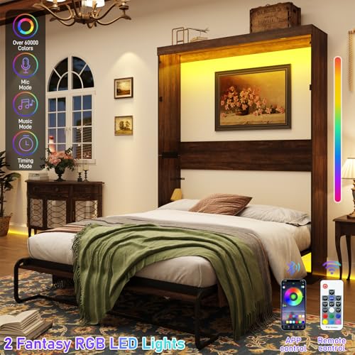 Hlivelood Full Size Murphy Bed with 2 LED Lights, Farmhouse Wood Hidden Foldable Wall Bed Frame w/Gas Struts, Storage Bed Cabinet for Bedroom, Office, Space-Saving, No Box Spring Needed, Brown Hlivelood