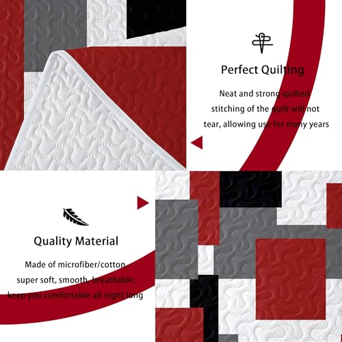 Tyrot 3 Piece Red Black Grey Quilt Set King Size Christmas Red Black Geometric Reversible Bedding Set Microfiber Lightweight Bedspread Coverlet with 2 Shams Modern Bed Cover for All Season, 106''x96'' Tyrot