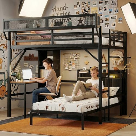 MoproBeti Bunk Bed with Desk,Upper Shelf & Storage Bookshelves,Metal L-Shaped Full Over Twin Bunk Beds with LED & Charge Station,Full Loft Bed w/Ladder,Safety Guardrail for Boys Girls,Black MoproBeti