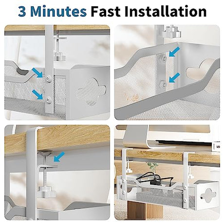 Under Desk Cable Management Tray No Drill, 13.38'' Metal Tray with Clamp for Wire Management, Litwaro Cord Organizer Home Office Damage to Standing Desk, White Litwaro