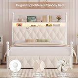HIFIT Queen Size Upholstered LED Canopy Bed Frame with Storage and Charging Station, Button Tufted Storage Headboard with Bookshelf, Two-Use Metal Platform Bed with 4 Removable Post & 2 Drawers, Biege