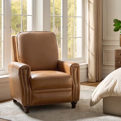 HULALA HOME Genuine Leather Manual Recliner Chair with Adjustable Backrest & Footrest, Mid Century Modern Push Back Recliner with Nailhead Trim & Wood Legs-for Living Room Home Theater, Camel