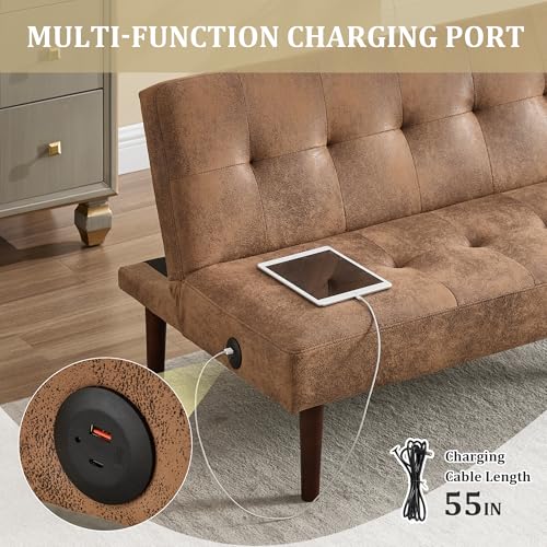 Anwick Convertible Futon Sofa Bed with Charging Port, 45″ Folding Sleeper Sofa, Adjustable Backrest, Small Couch for Living Room Small Spaces Or Office, Modern Loveseat (Coffee) Anwick