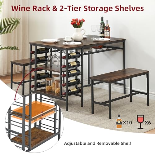 Dining Table Set for 4, Kitchen Table with 2 Benches, Wine Rack and Storage Shelf, Rectangular Dining Room Table Set, 3 Piece Dining Table Set for Small Space, Apartment, Dinette, Rustic Brown coucheta