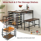 Dining Table Set for 4, Kitchen Table with 2 Benches, Wine Rack and Storage Shelf, Rectangular Dining Room Table Set, 3 Piece Dining Table Set for Small Space, Apartment, Dinette, Rustic Brown coucheta