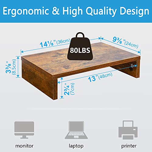 TEAMIX 14.2 inch Monitor Stand Riser, Rustic Brown Wood Monitor Riser with Storage for Desk Small Monitor Stand TV/Screen/PC/Laptop Riser Computer Stand Desktop Shelf (Brown-14.2 inch) TEAMIX