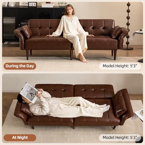 HALLYBEE Futon Sofa Bed, Sleeper Sofa, Small Couch with Storage Adjustable Armrests Pillows, Faux Leather Loveseat, Mid Century Modern Couches for Living Room, Bedroom, Apartment, Red Brown HALLYBEE