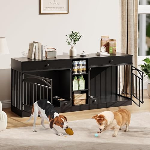 GAOMON Dog Crate Furniture for 2 Dogs, 78.7'' Large Dog Kennel Indoor with 2 Storage Drawers, 3 Shelves and Feeding Bowls, Double Dog Crate TV Stand for Small and Medium Dogs, Black GAOMON