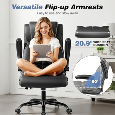 BESTFAIR Ergonomic Office Chair - Desk Computer Chair, Leather High Back Executive Chairs with Adjustable Lumbar Support & Flip Up Arms, Rocking, Black BESTFAIR