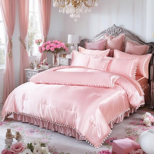 Bedorm Pink Satin Comforter Set 10 Pcs White Pom Pom Bedding Set Queen Size Super Soft Smooth Silk Like Silky Comforter Queen Bed in A Bag with Comforter & Sheet Set & Pillowcase & Bed Skirt Bedorm