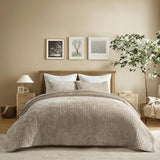 EVERGRACE Velvet Quilt Set Queen Size, Luxurious Soft Striped Channel Bedding Set, Lightweight Velvet Comforter for All Season, Oversized Bedspread Coverlet with 2 Matching Shams, Beige Taupe EVERGRACE
