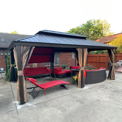 Domi Hardtop Gazebo 12x18FT, Outdoor Gazebo with Galvanized Steel Double Roof, Aluminum Frame, Built-in Gutter System, Curtain and Netting, Metal Gazebo Pavilion for Patio Deck Garden, Brown domi outdoor living