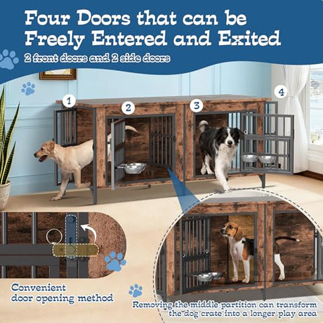 Grepatio 63" Dog Crate Furniture for 2 Dogs, Large Dog Kennel with 360° Rotating Feeder Bowls, Indoor Double Dogs Crates with 4 Doors, Wooden Crate TV Stand with Removable Divider Grepatio
