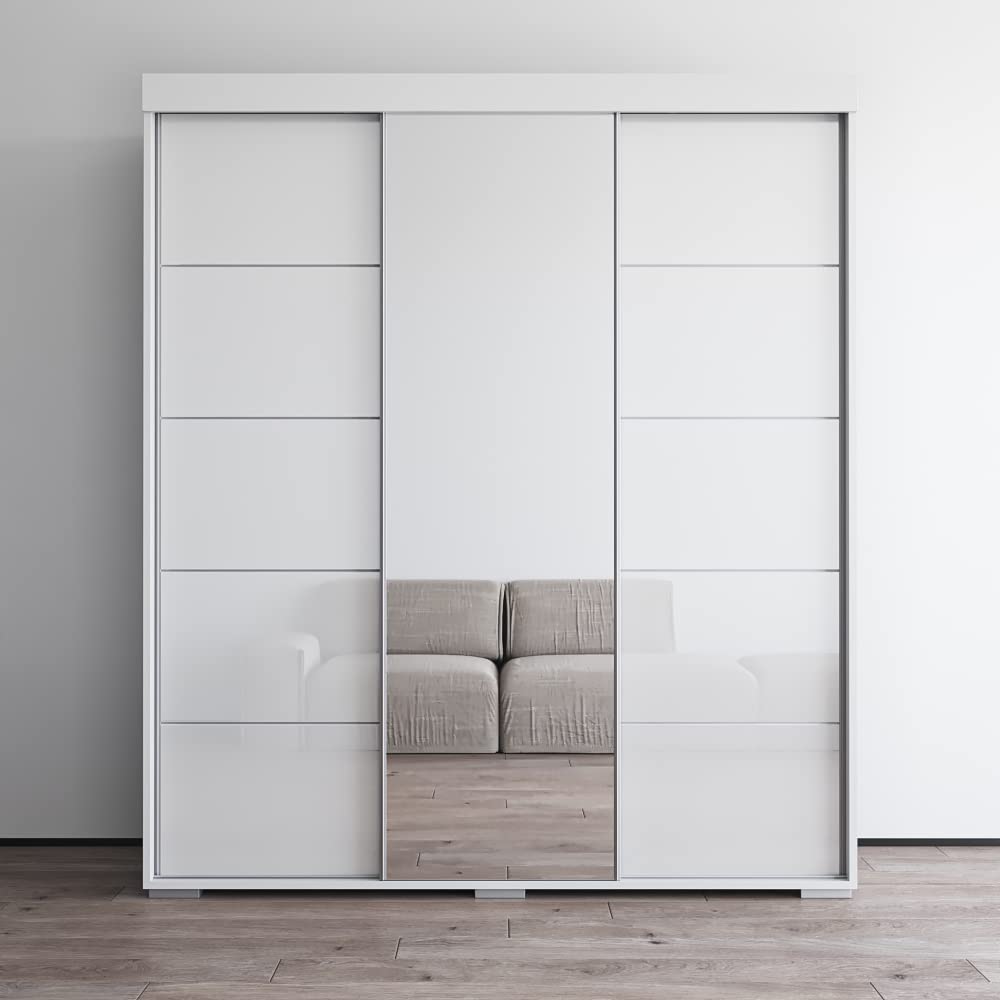 Meble Furniture Aria 3D Wardrobe with Mirror - Armoire Style Wardrobe Closet with Hanging Rod for Bedroom - Space Organized Clothes Wardrobe with Shelves for Home - Clothing Wardrobe with Doors -White Generic