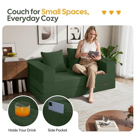 COMAX Futon Sofa Bed, 4‑in‑1 Convertible Sofa Bed, Folding Boneless Couches for Living Room, Fold Out Small Foldable Loveseat Floor Sleeper Comfy Mattress Lounge Space‑Saving, Green COMAX