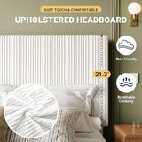 Allewie King Bed Frame, Upholstered Platform Bed, Adjustable Vertical Channel Tufted Headboard, Corduroy Fabric, Modern Low Profile, Wooden Slats, No Box Spring Needed, Easy Assembly, White Allewie
