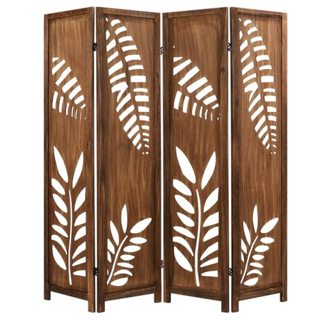 Giantex Boho Rustic Room Divider, 4 Panel Carved Leaf Folding Wood Screen, Fully Assembled, 67'' Freestanding Privacy Partition Decorative Wall, Foldable Room Separator for Bedroom, Brown Giantex