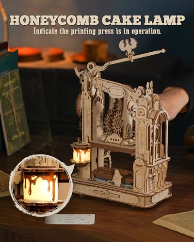 ROBOTIME Printing Press Wooden Puzzle, 3D Puzzles for Adults and Teens, Mechanical Wooden Model to Build, Unique Toy House Warming Birthday for - WoodArtSupply