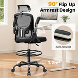 FINATI Drafting Chair, Tall Office Chair for Standing Desk, Ergonomic High Back with Headrest, Lumbar Support, Foot Ring and Flip-up Armrests, Black FINATI