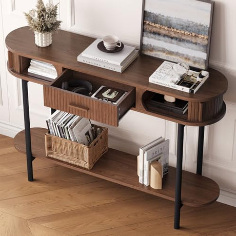 ONBRILL 47 Inch Fluted Console Table with Drawers, Entryway Table with Storage, Oval Sofa Tables Behind Couch, Mid-Century Modern Hallway Tables for Entryway, Hallway, Small Spaces, Walnut ONBRILL