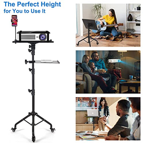 Tossbiss Laptop Tripod on Wheels with 2 Shelves, Portable Projector Floor Stand Adjustable Height 25.9 to 51.8 Inch with Phone Holder Tossbiss