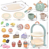 Atoylink Wooden Tea Party Set for Little Girls 28 Pcs Toddler Tea Set with Cupcake Stand & Food Pretend Play Accessories Kids Kitchen Playset Wooden Toys for 2 3 4 5 6 Year Old Girl Birthday Gift Atoylink