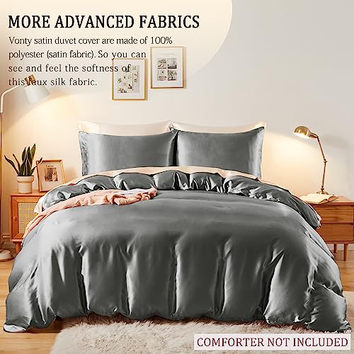 Vonty 3-Piece Silky Satin Duvet Cover Set King Size Duvet Cover, Organic Natural 400TC Grey Duvet Cover Set - Luxury & Sexy Bedding Duvet Covers with Zipper Closure(No Comforter) Vonty
