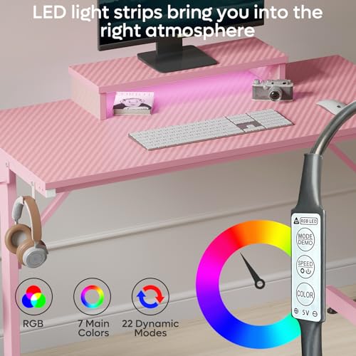 Bestier Small Gaming Desk with Monitor Stand, 42 inch LED Computer Desk, Gamer Workstation with Cup Holder & Headset Hooks, Modern Simple Style Desk for Home Office, Carbon Fiber Pink Bestier