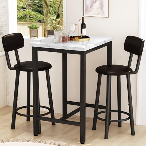 LTTROMAT Dining Table Set, 23.6” Square Faux Marble Table with 2 PU Upholstered Backrest Chairs, 3-Piece Kitchen Dining Room Set for Small Spaces, Kitchen, Restaurant Furniture, White LTTROMAT
