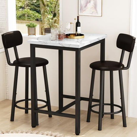 LTTROMAT Dining Table Set, 23.6” Square Faux Marble Table with 2 PU Upholstered Backrest Chairs, 3-Piece Kitchen Dining Room Set for Small Spaces, Kitchen, Restaurant Furniture, White LTTROMAT