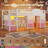 VIAGDO Low Loft Bed Twin Size with 9 Storage Drawers, Bookcase and LED Lights, Metal Kids Loft Bed with Wide Staircase, Open Shelves and Safety Guardrail, Twin Loft Bed with Under-Bed Playhouse, White VIAGDO